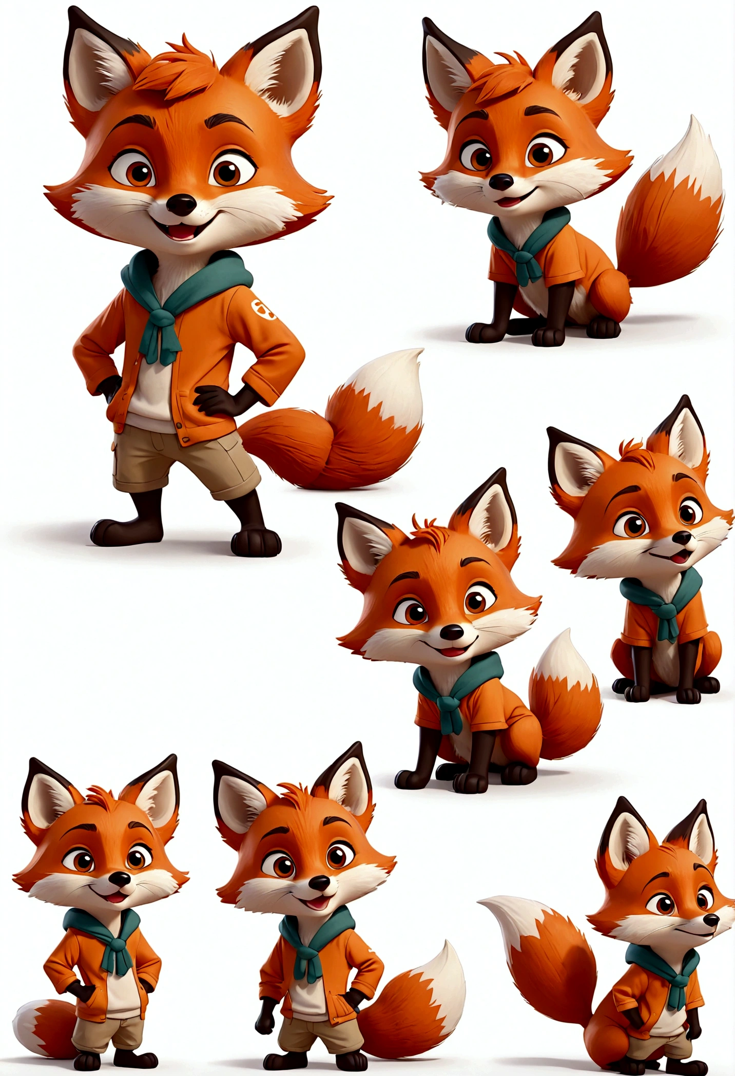 cute boy little fox character, multiple poses and expressions, 4 poses, full body, children's book illustration style, simple, cute, artist, full color, 3d model,  flat color, white background, look straight, clothes many different styles