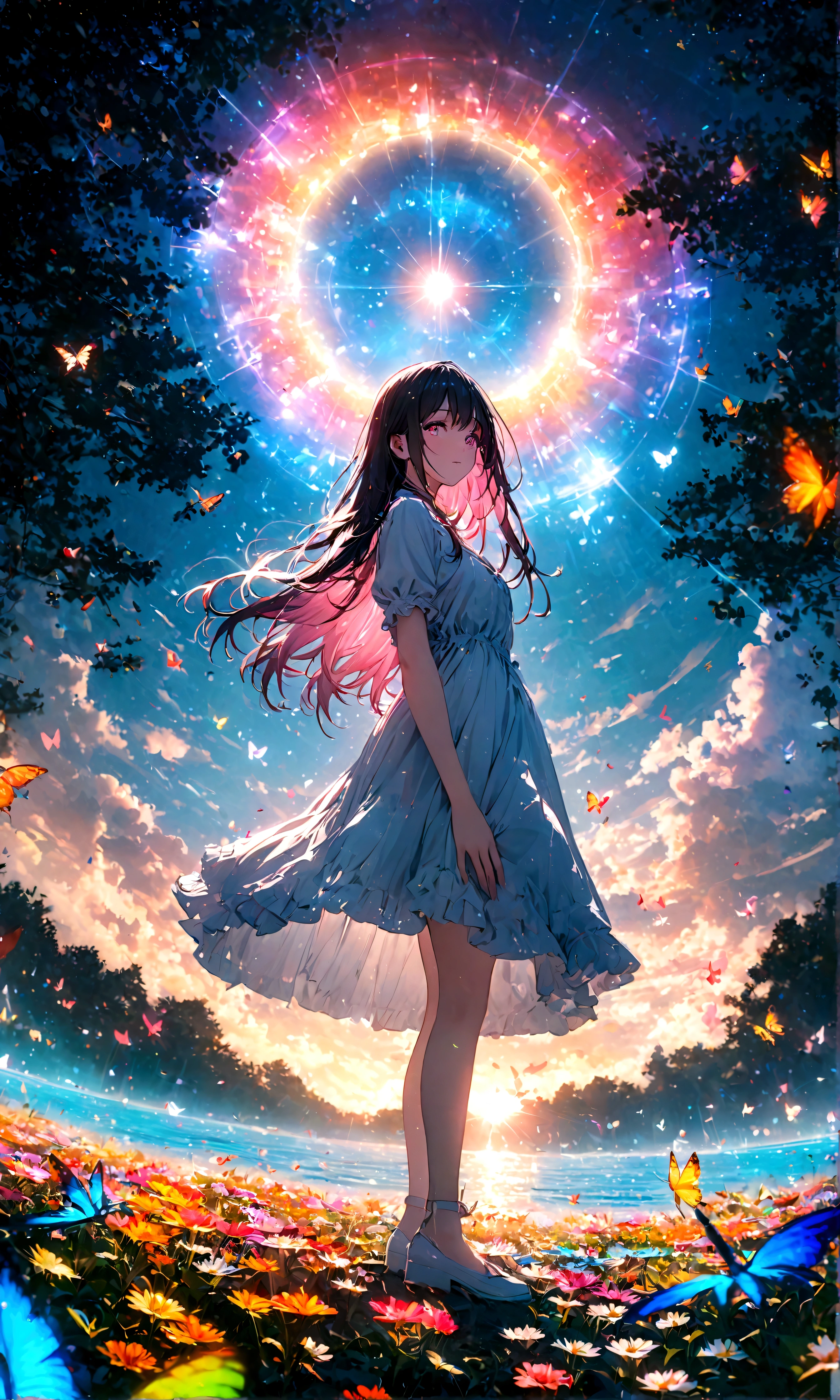 (woman\(student, , JK, Long hair, Colorful eyes, Pale skin,) look up to the sky), (Many butterflies flying in the air), Beautiful sky, Summer,Colorful flowers blooming everywhere, Mysterious and dreamy ,Huge tree,quality\(8K,CG Wallpaper, masterpiece,High resolution,top-quality,Surrealism,Improve resolution,RAW photos,Best quality,Very detailed,light,Ray Tracing,Golden Ratio)