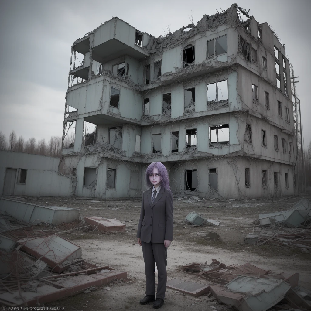 A girl in a combination suit stands in the desolate Chernobyl exclusion zone, reminiscent of a S.T.A.L.K.E.R. Her purple hair contrasts with the grey backdrop, and her green eyes carry a weight of sadness. A scar is visible above her left eyebrow, and she stands unarmed, with five fingers on each hand, a silent testament to the resilience of life amidst ruins.