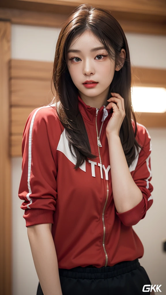 Highly detailed CG Unity 8K wallpapers,top Quority,Super detailed,tmasterpiece,realisticlying,photograph realistic,Very detailed cute girl,25 age old,musculature,Microabs,Round eyes,peeping at the viewer,Be red in the face,parted lip,Half-body shooting,
track suit , gym room,