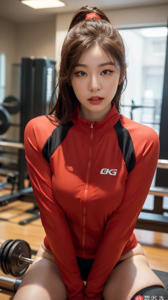 Highly detailed CG Unity 8K wallpapers，top Quority，Super detailed，tmasterpiece，realisticlying，photograph realistic，Very detailed cute girl，25 age old，musculature，Microabs，Round eyes，peeping at the viewer，Be red in the face，parted lip，Half-body shooting，
track suit ， gym room，