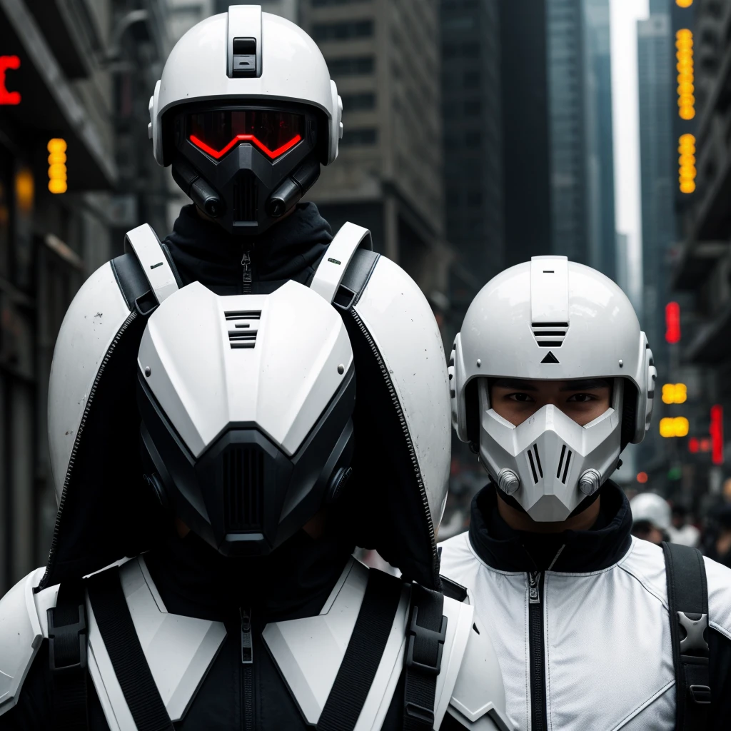 Soldier of the superfuture, with a helmet, cyberpunk style, cool mask, super brutal, white