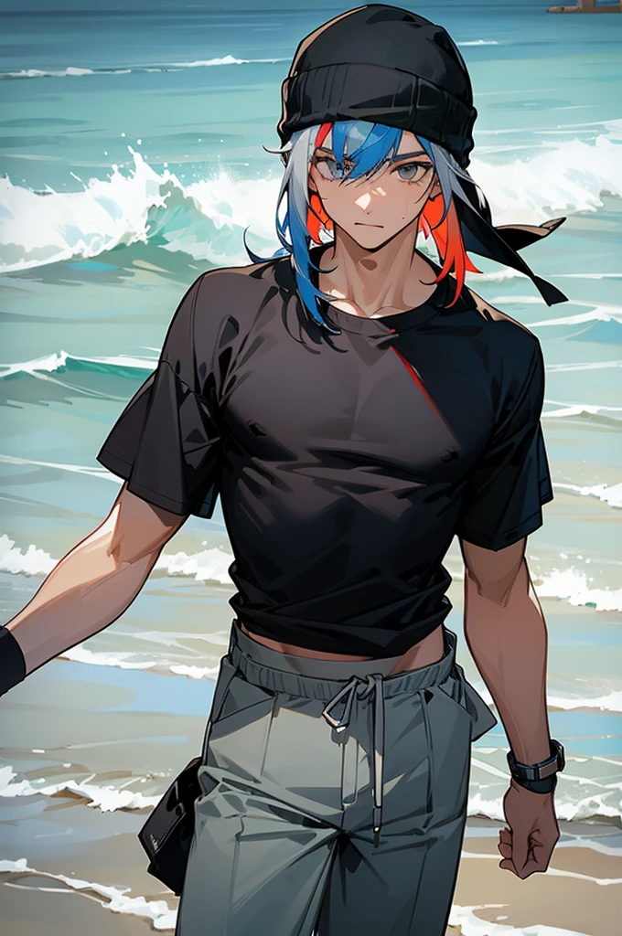 multi-color haired, two toned hair, young male, water in the background, surrounded by grass, beach background, black shirt, bangs covering head, medium length hair, grey pants, one male, lean build, wearing beanie
