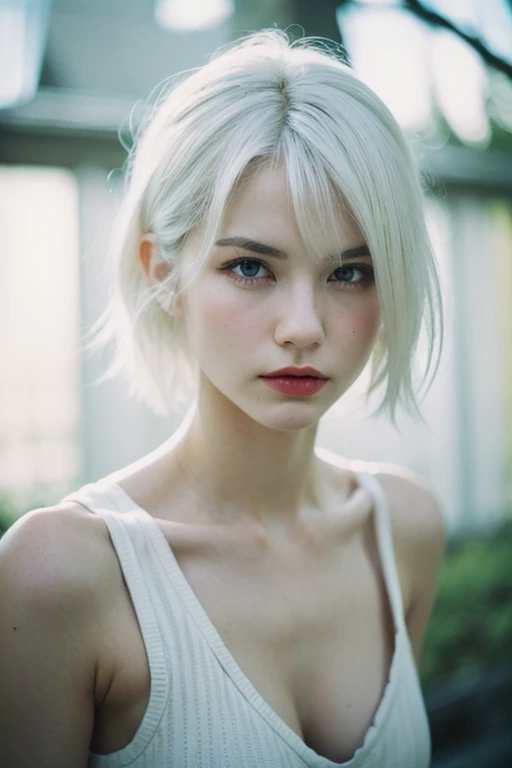 an evil demonic woman,
white hair, blue eyes, short messy hair,
arrogant mood,
analog photo