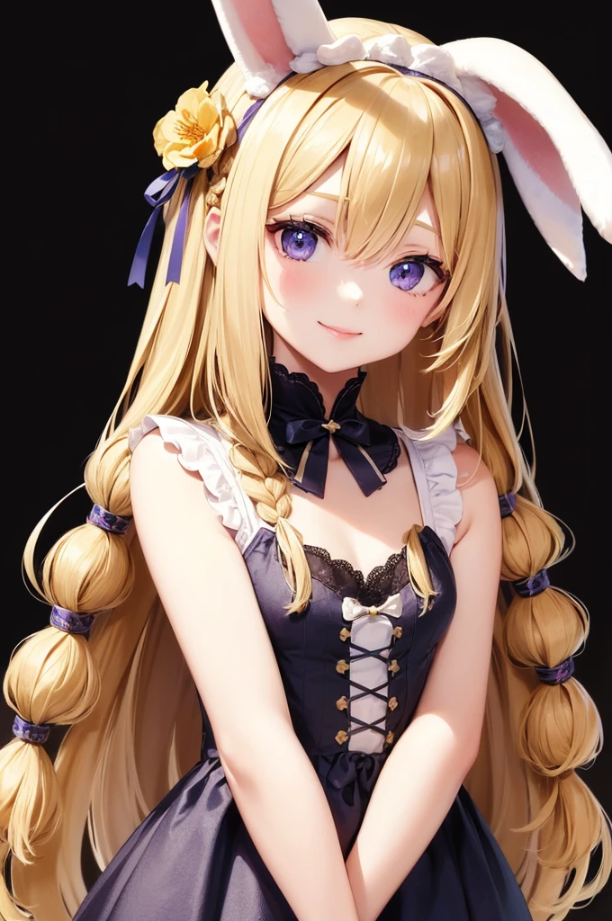 1girl, solo, long hair, looking at viewer, smile, bangs, blonde hair, hair ornament, holding, animal ears, light blonde eyes, upper body, braid, flower, hair flower, bunny ears , twin braids, lips, animal, watermark , rabbit, head crown, holding animal, flower crown