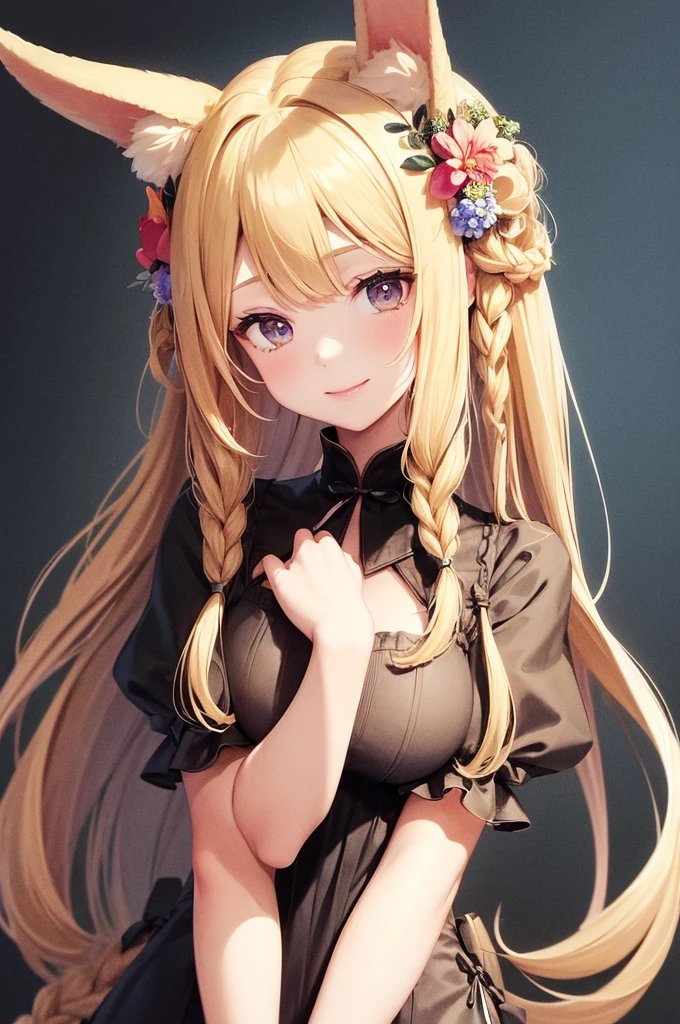 1girl, solo, long hair, looking at viewer, smile, bangs, blonde hair, hair ornament, holding, animal ears, light blonde eyes, upper body, braid, flower, hair flower, bunny ears , twin braids, lips, animal, watermark , rabbit, head crown, holding animal, flower crown