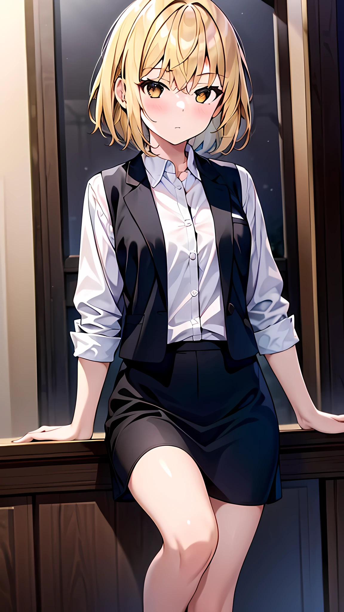 Masterpiece, 1girl, solo, female, blonde hair, white shirt, black skirt, black vests, short hair, brown eyes, perfect body, cowboy shot's, standing, perfect arms, perfect leg