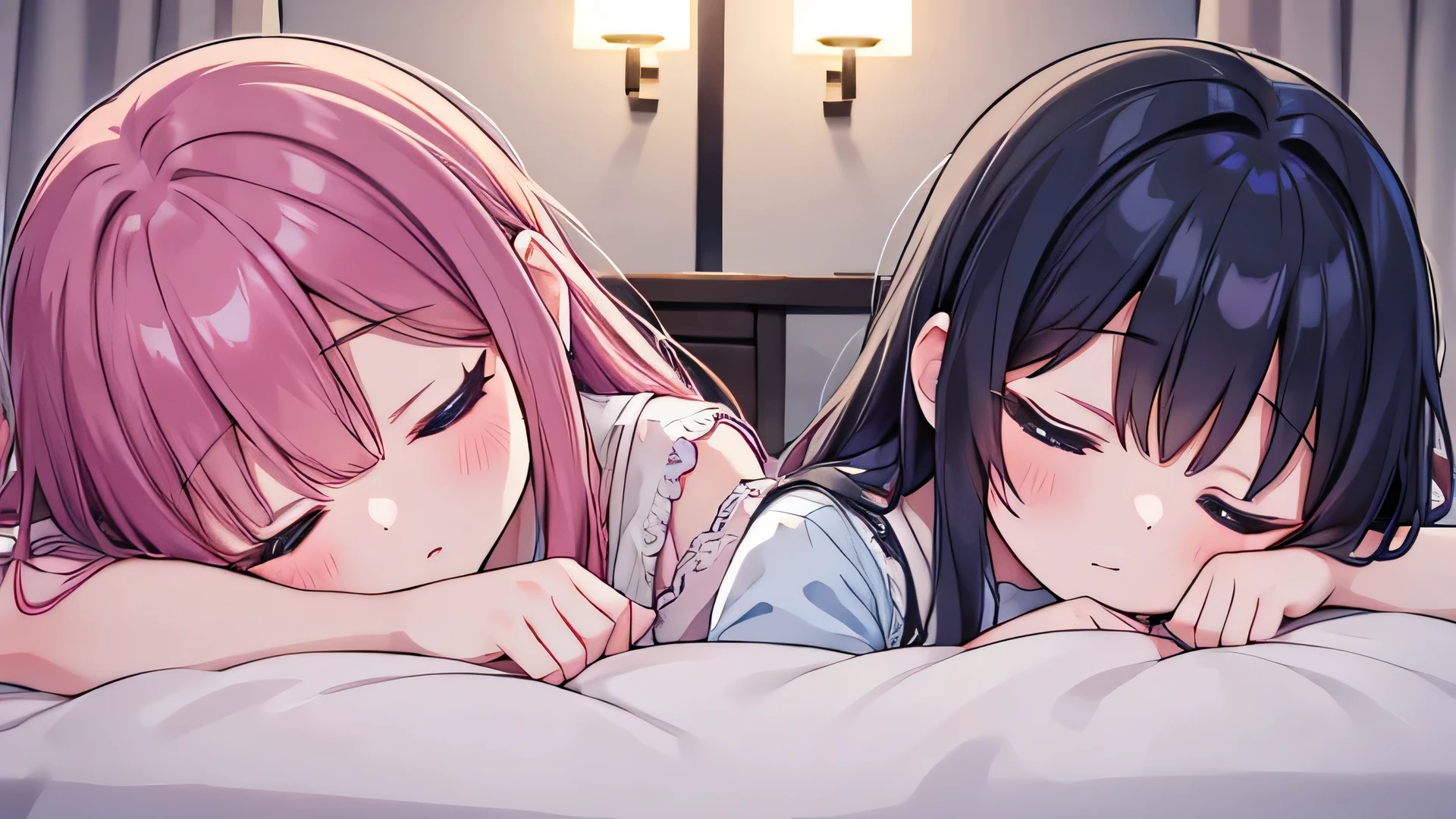 The two young girls were dressed in underwear and lay quietly on the bed, looking very shy. One of the girls was lying down, dressed in red lingerie and high ponytail, smiling, playful and cute; The other was in dark blue underwear, his long hair fell to his waist, and his hands were clasped together, as if wondering something. The two communicate with each other, their bodies are close together, and the atmosphere is very warm. The whole picture is under soft lighting, full of rich warm atmosphere.