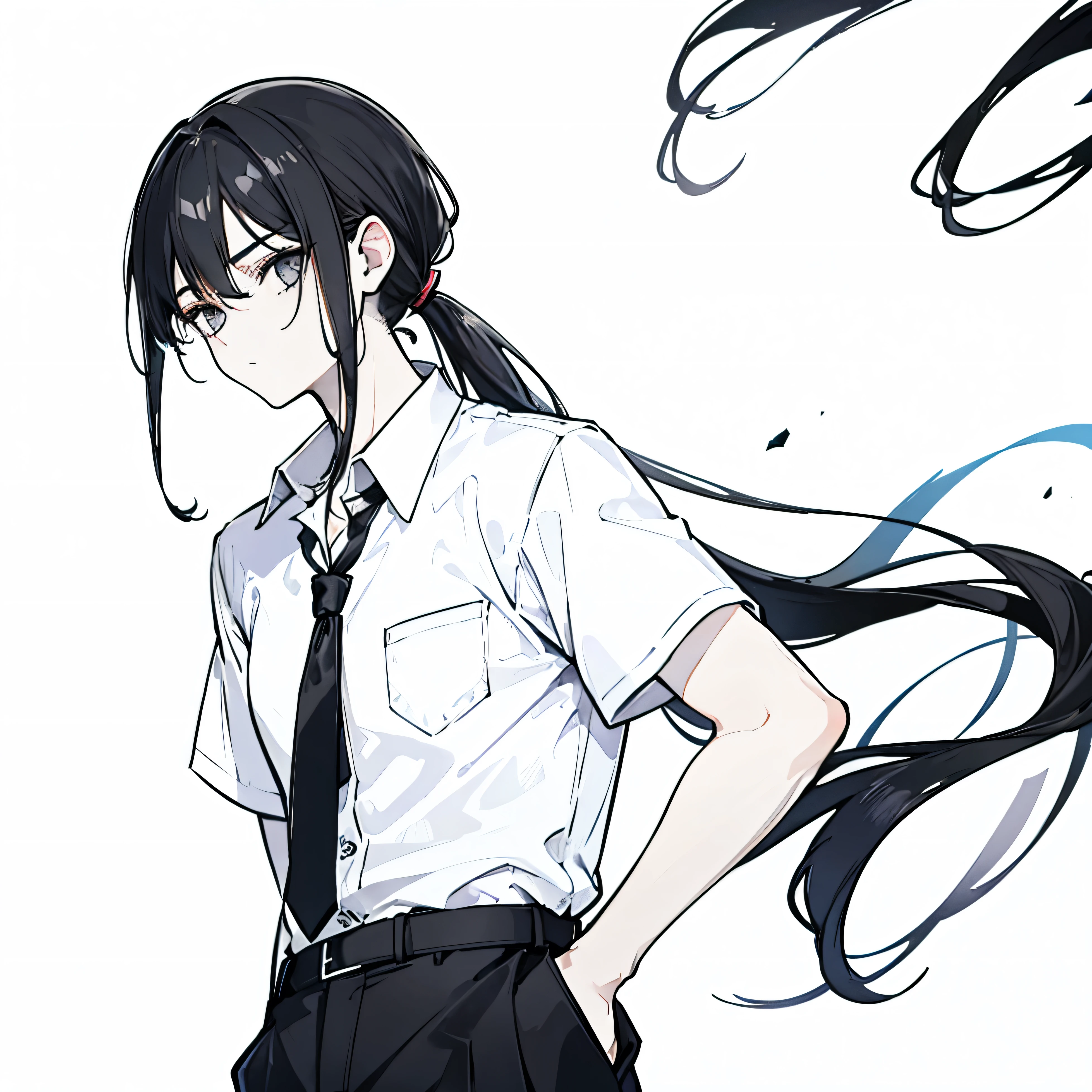 1 boy with shoulder length hair. Black hair in a ponytail. Black eyes. Wearing a white button up shirt with short sleeves. Black slacks. Serious. Casual stance. ((High definition)) ((Best Quality))