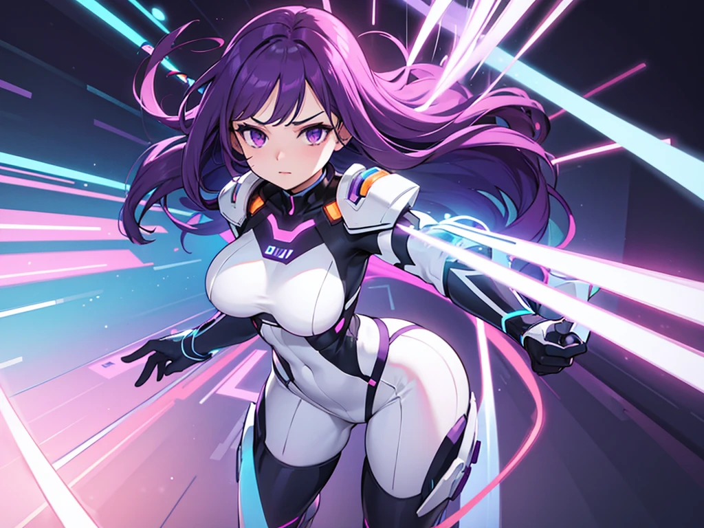 girl with violet hair, white and orange futuristic power suit, big hips, moderate breasts, futuristic white background, cyan and fuchsia neon lights, dynamic lighting, high definition.