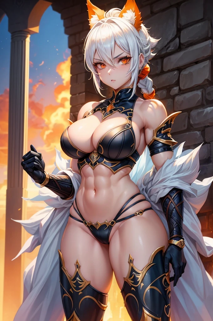 beautiful woman with short white hair, orange inferno eyes, wolf ears and a braided ponytail. She is wearing a revealing, sexy, fantasy knight armor with legplates. Her body is muscular and she is incredibly sexy. Her eyes are orange and her gaze is fierce, confident. She has strong, muscular arms and thick thighs. Wide hips.