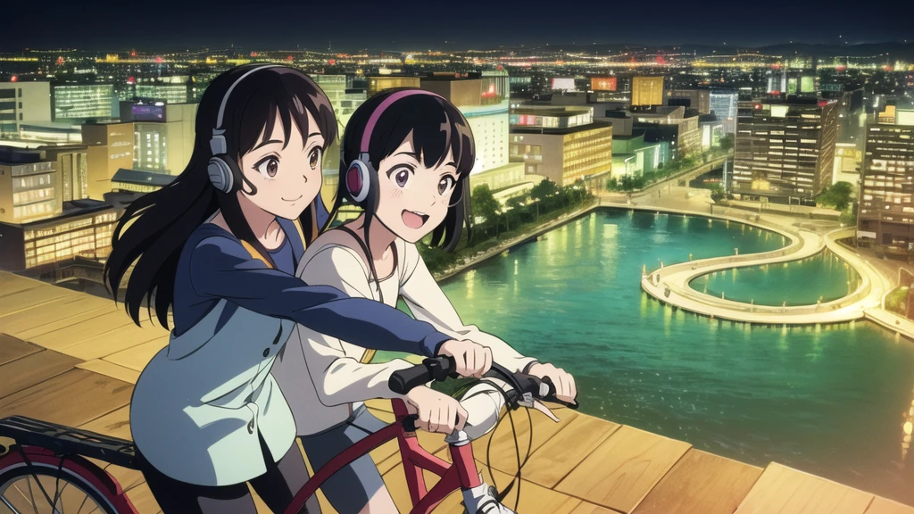 (High resolution, Best Quality, Masterpiece:1.2), (Realistic illustrations), Lo-Fi, flat, 2.5D, Line art, Ink drawing, Watercolor, Gouache color, Studio Ghibli style, Great colorful, Relaxed girl listening to music with headset, smile, はにかんだsmile, 80s city night view, Riding a bicycle