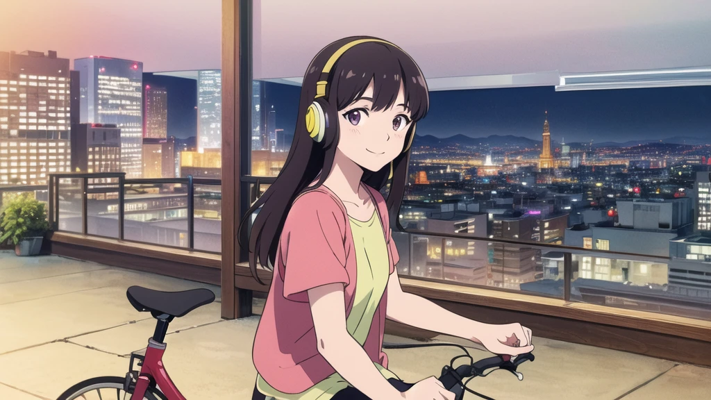 (High resolution, Best Quality, Masterpiece:1.2), (Realistic illustrations), Lo-Fi, flat, 2.5D, Line art, Ink drawing, Watercolor, Gouache color, Studio Ghibli style, Great colorful, Relaxed girl listening to music with headset, smile, はにかんだsmile, 80s city night view, Riding a bicycle