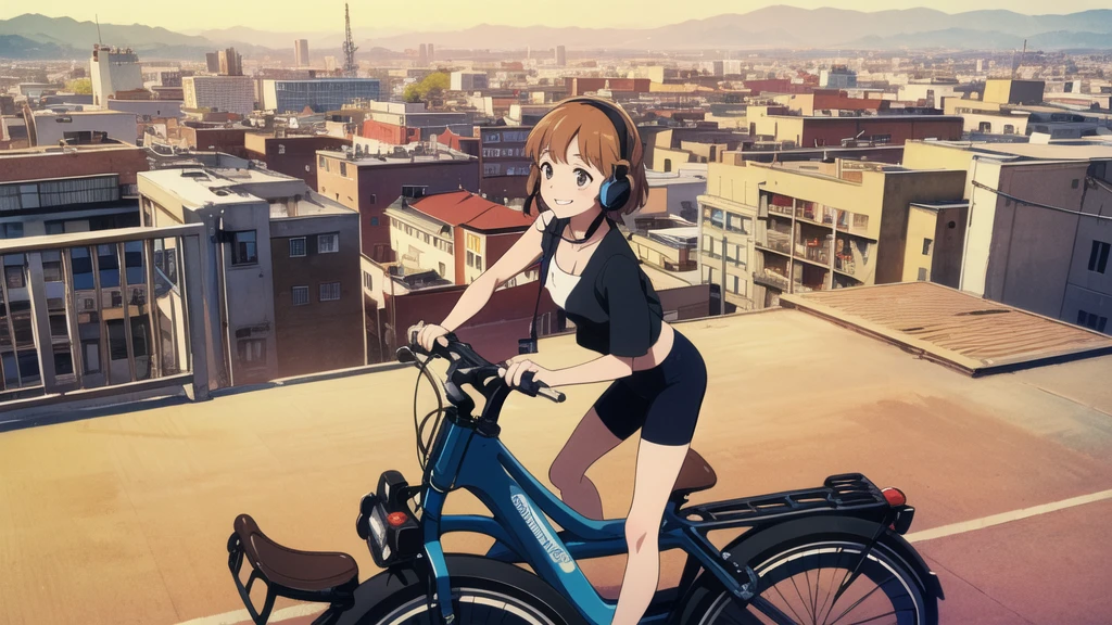 (High resolution, Best Quality, Masterpiece:1.2), (Realistic illustrations), Lo-Fi, flat, 2.5D, Line art, Ink drawing, Watercolor, Gouache color, Studio Ghibli style, Great colorful, Relaxed girl listening to music with headset, smile, はにかんだsmile, 80s city night view, Riding a bicycle