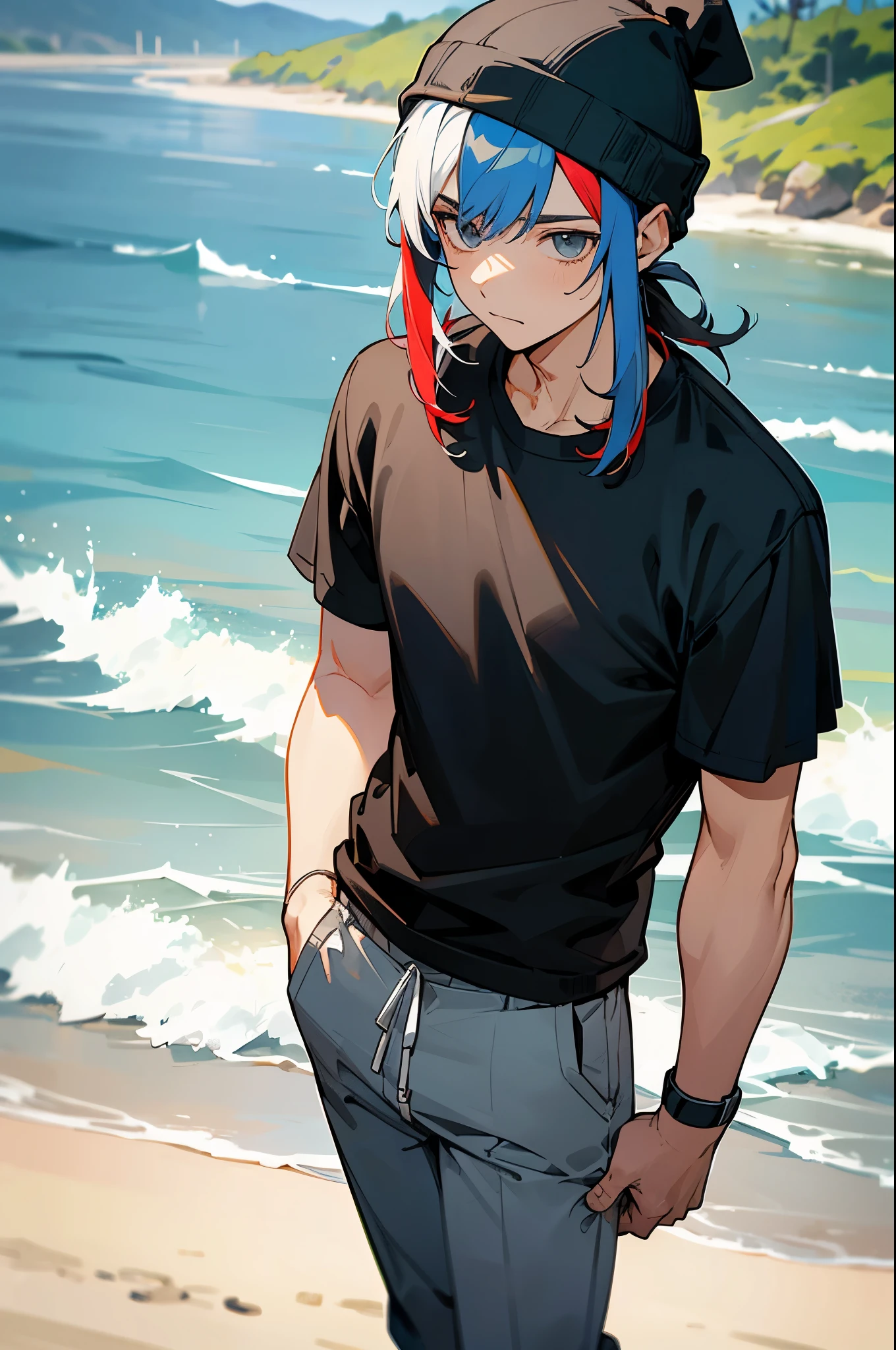 multi-color haired, two toned hair, young male, water in the background, surrounded by grass, beach background, black shirt, bangs covering head, medium length hair, grey pants, one male, lean build, wearing beanie