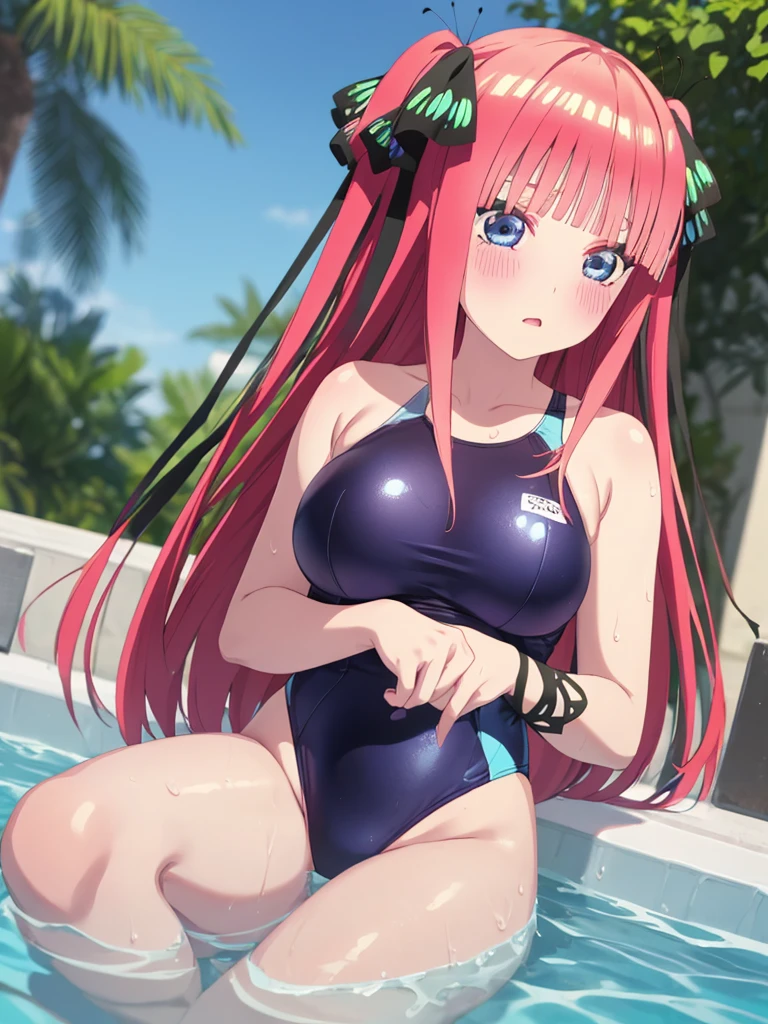 masterpiece, best quality, insanely detailed, beautiful, nino nakano, long hair, bangs, blue eyes, hair ornament, hair ribbon, pink hair, blunt bangs, two side up, butterfly hair ornament, blush, large brests, high-cut swimwea, one-piece swimsuit