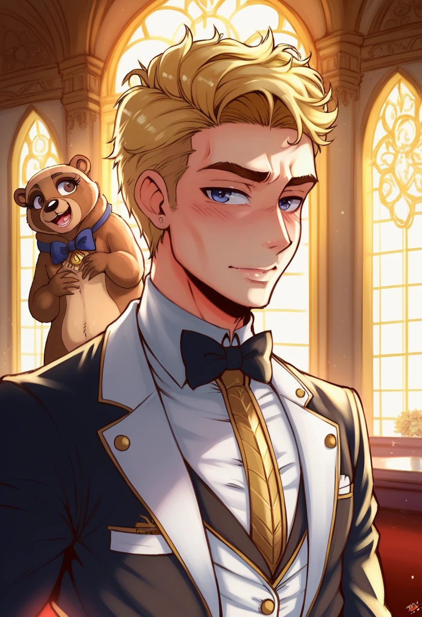 a boy, intricate details, gloves, upper body, hyper realistic, dramatic studio lighting, physically-based rendering, HDR, UHD, 8k, best quality, masterpiece 1人のmens子,11 only、(mens :2),(Beaver:1.5)、Blonde、Naked tuxedo、In a luxurious Western-style mansion、Luxurious chandelier、Vivid lighting、high quality、Tabletop,8k,High resolution、