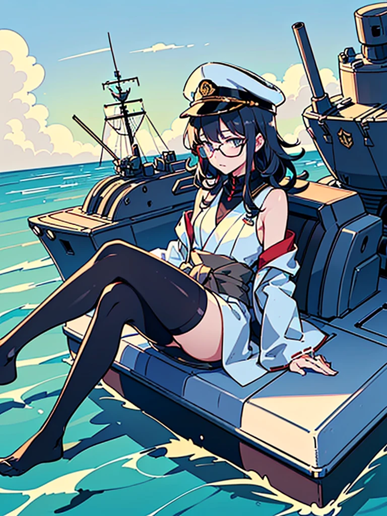 ((((Full body of a woman with perfect flat chest、Short unkempt black hair、white military jacket、Miko costume、tights、Black glasses、White military cap、Cloudy eyes、Sleepy expression)))), (((masterpiece))), (((Shipgirl))), (Another woman hugging、Long purple hair、Messy Hair、Big Breastiko costume), ((Floating on the morning sea with both feet)), (Spread your legs wide open), (Hold the turret grip with your right hand), (Mechanical arms extending from the waist are used to equip the ship with battleship equipment.), (Equipped with a turret on the back), (Holds the turret with his left arm), Torpedo tubes on thighs, Spreading the Machine&#39;s Wings, Machine tail,  shotgun, 