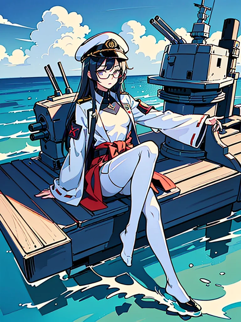 ((((Full body of a woman with perfect flat chest、Short unkempt black hair、white military jacket、Miko costume、tights、Black glasses、White military cap、Cloudy eyes、Sleepy expression)))), (((masterpiece))), (((Shipgirl))), (Another woman hugging、Long purple hair、Messy Hair、Big Breastiko costume), ((Floating on the morning sea with both feet)), (Spread your legs wide open), (Hold the turret grip with your right hand), (Mechanical arms extending from the waist are used to equip the ship with battleship equipment.), (Equipped with a turret on the back), (Holds the turret with his left arm), Torpedo tubes on thighs, Spreading the Machine&#39;s Wings, Machine tail,  shotgun, 