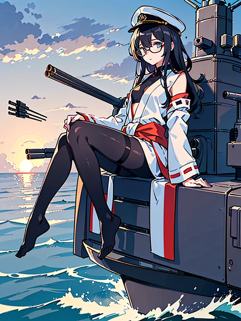 ((((Full body of a woman with perfect flat chest、Short unkempt black hair、white military jacket、Miko costume、tights、Black glasses、White military cap、Cloudy eyes、Sleepy expression)))), (((masterpiece))), (((Shipgirl))), (Another woman hugging、Long purple hair、Messy Hair、Big Breastiko costume), ((Floating on the morning sea with both feet)), (Spread your legs wide open), (Hold the turret grip with your right hand), (Mechanical arms extending from the waist are used to equip the ship with battleship equipment.), (Equipped with a turret on the back), (Holds the turret with his left arm), Torpedo tubes on thighs, Spreading the Machine&#39;s Wings, Machine tail,  shotgun, 