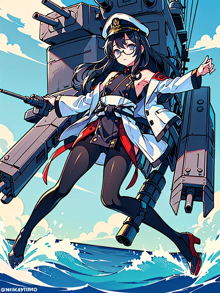((((Full body of a woman with perfect flat chest、Short unkempt black hair、white military jacket、Miko costume、tights、Black glasses、White military cap、Cloudy eyes、Sleepy expression)))), (((masterpiece))), (((Shipgirl))), (Another woman hugging、Long purple hair、Messy Hair、Big Breastiko costume), ((Floating on the morning sea with both feet)), (Spread your legs wide open), (Hold the turret grip with your right hand), (Mechanical arms extending from the waist are used to equip the ship with battleship equipment.), (Equipped with a turret on the back), (Holds the turret with his left arm), Torpedo tubes on thighs, Spreading the Machine's Wings, Machine tail, shotgun,