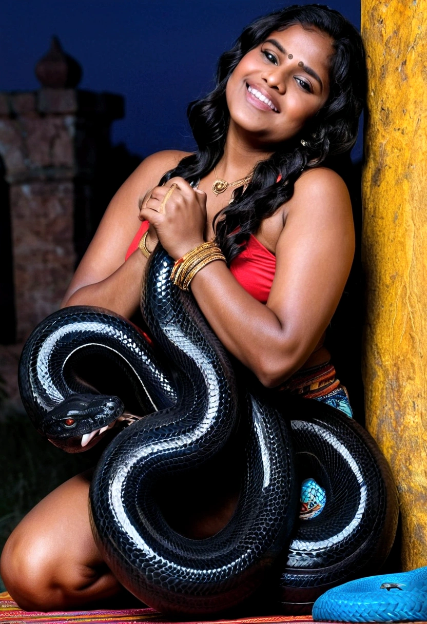  Happy Horny, aroused 1girl), beautiful kneeling indian thick young teen girl  with  giant colossal black titanboa squeezing her hard, wrapped in thick spiraling coils, constricted, struggle, gasping for air, snake attack, snake peril, moonless night, dim light