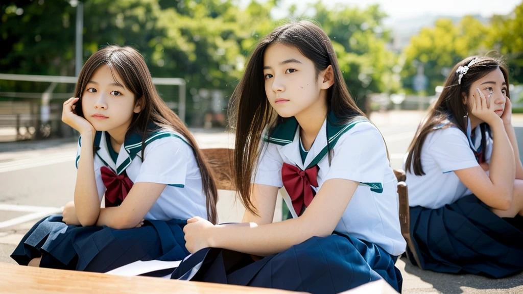 Japanese 、Junior high school girl、A thoughtful look、15 years old、