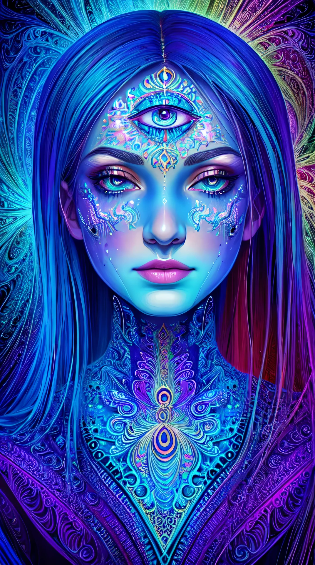 (masterpiece, top quality, best quality, official art, beautiful and aesthetic:1.2), (1girl), extreme detailed,(fractal art:1.3),colorful,highest detailed,perfect face,beautiful face,aqua eyes,eyelashes, ( demonic third eye:1.2),Third eye on the forehead,(1girl), extreme detailed,(fractal art:1.3),colorful,highest detailed,Perfect body, dmt pcilocybine trip