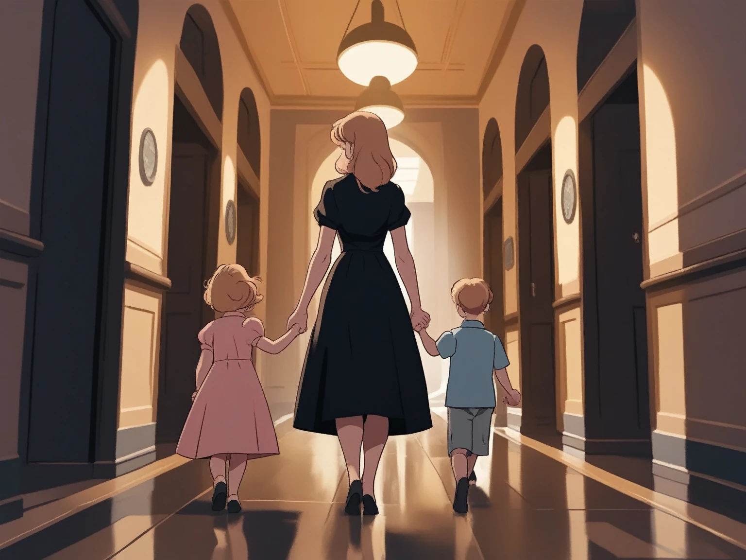 blushes, woman walking holding the hands of her son and daughter in an administration hallway, old german style, indoor,