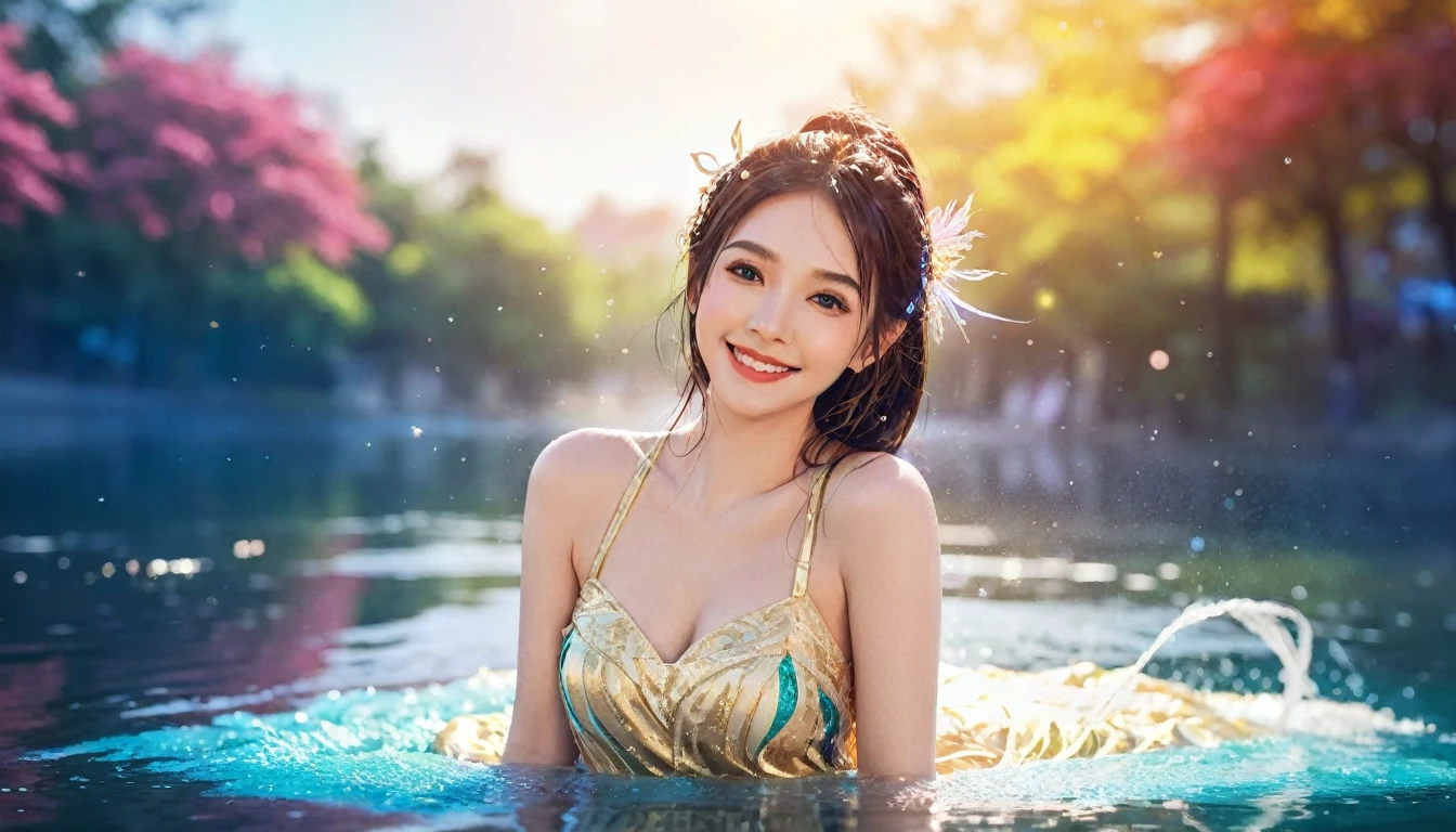 Beautiful woman, Smile, particle, Streamer, water, Sexy, fantasy, comics, anime, Rich colors, complex, Bokeh, Nice background