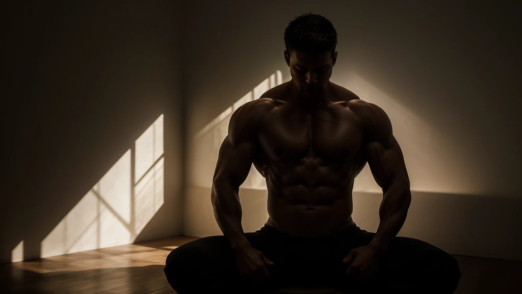 A dramatic, moody portrait of a muscular male figure sitting in a contemplative pose, with the text "amor fati or the love of one's fate" overlaid on the image. The figure is backlit, creating strong shadows and highlights that emphasize the sculptural quality of the body. The dark, dramatic lighting and setting evoke a sense of introspection and the weight of one's destiny.