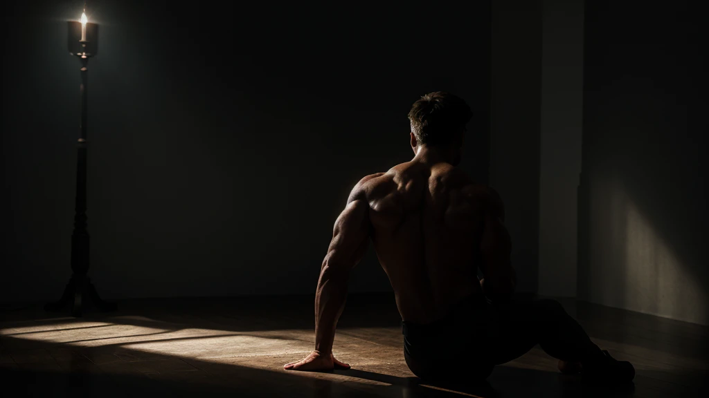 A dramatic, moody portrait of a muscular male figure sitting in a contemplative pose, with the text "amor fati or the love of one's fate" overlaid on the image. The figure is backlit, creating strong shadows and highlights that emphasize the sculptural quality of the body. The dark, dramatic lighting and setting evoke a sense of introspection and the weight of one's destiny.