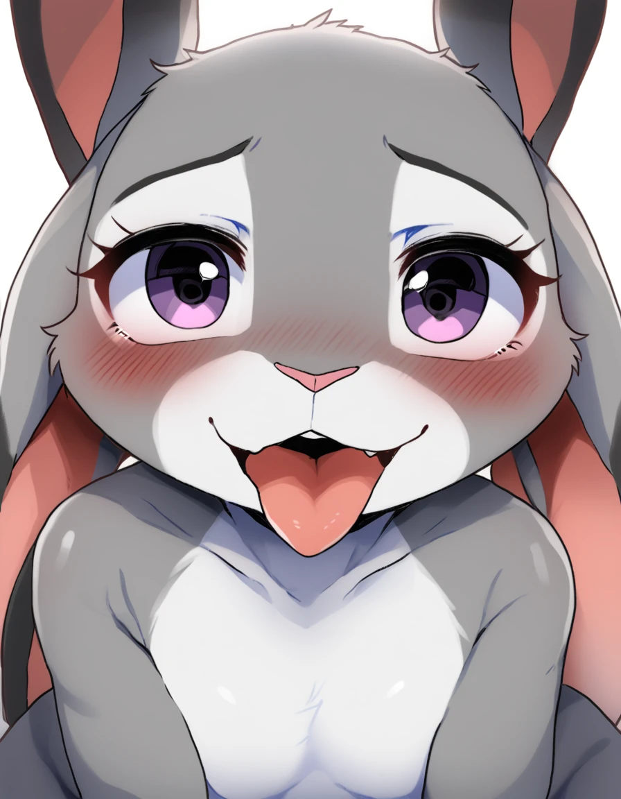 (nsfw), female furry, judy hopps rabbit ears, tongue out, (suggestive looking, naughty looking:1.3), solo, by dagasi,