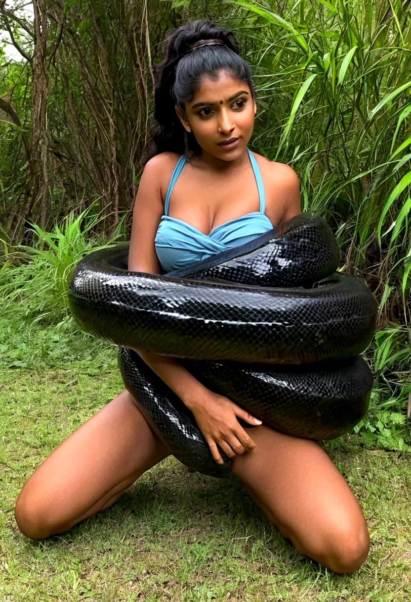  Happy Horny, aroused 1girl), beautiful kneeling indian thick young  girl  with  giant colossal black titanboa squeezing her hard, wrapped in thick spiraling coils, constricted, struggle, gasping for air, snake attack, snake peril, moonless night, dim light