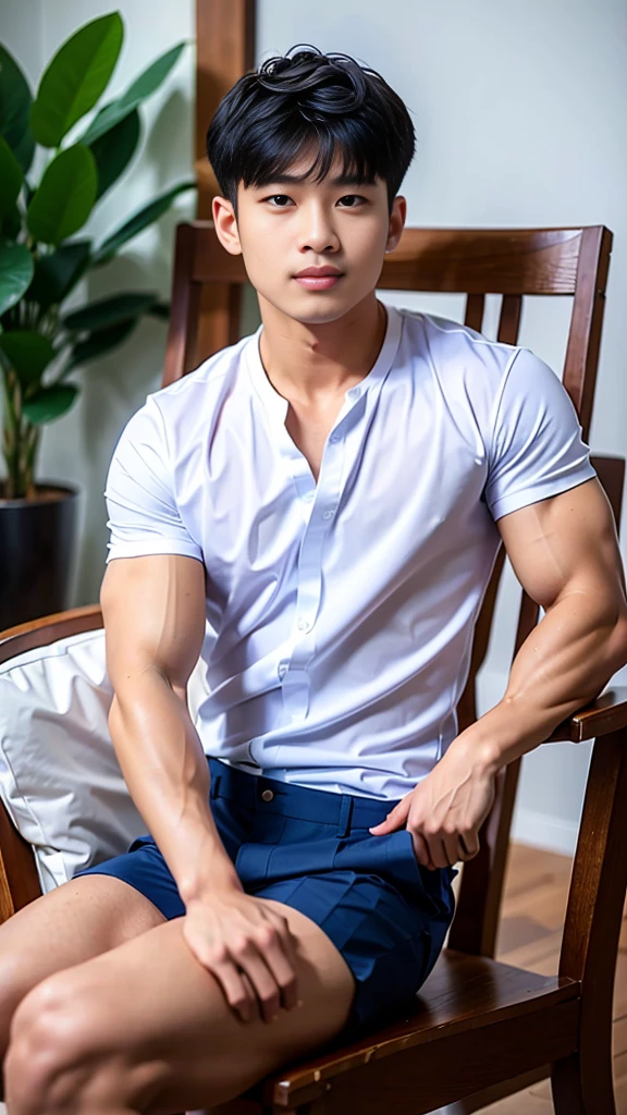 Masterpiece, best quality, High quality, วอลล์เปเปอร์ CG unity 8k ที่มีvery detailed, depth of field, HDR,,photorealistic,very detailed, 1 man sitting on a chair, Asia, black short hair, , (Thai , white shirt), dark Blue cargo shorts, chest muscles, Big arm muscles, blood vessel, big muscles, Broad shoulders, looking at the audience, Balancing the eyes, (Make eye contact)