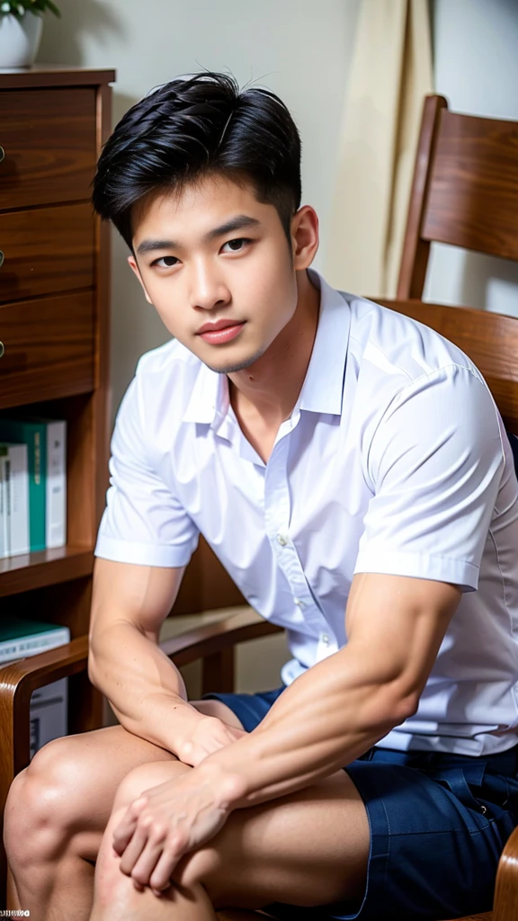 Masterpiece, best quality, High quality, วอลล์เปเปอร์ CG unity 8k ที่มีvery detailed, depth of field, HDR,,photorealistic,very detailed, 1 man sitting on a chair, Asia, black short hair, , (Thai , white shirt), dark Blue cargo shorts, chest muscles, Big arm muscles, blood vessel, big muscles, Broad shoulders, looking at the audience, Balancing the eyes, (Make eye contact)