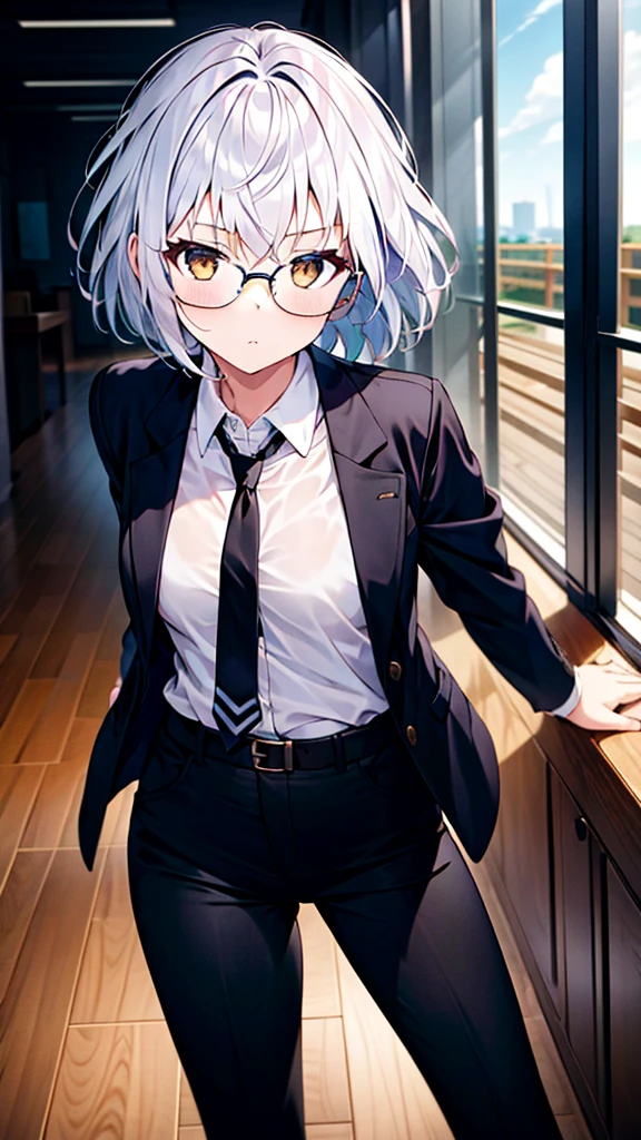 Masterpiece, 1girl, solo, female, white hair, white shirt, black pants, black jacket, short hair, brown eyes, perfect body, cowboy shot's, standing, perfect arms, perfect leg, glasses, necktie 