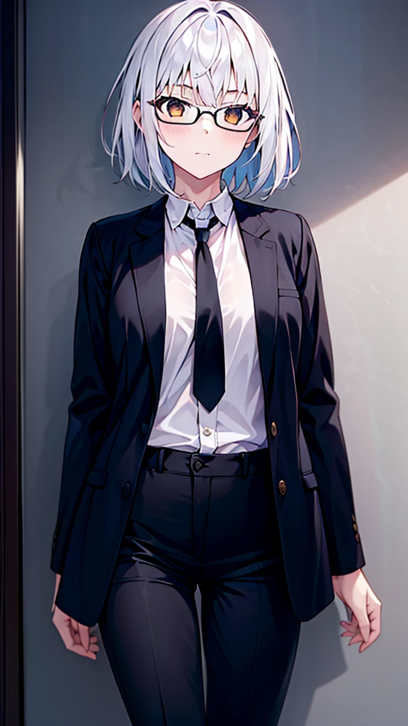 Masterpiece, 1girl, solo, female, white hair, white shirt, black pants, black jacket, short hair, brown eyes, perfect body, cowboy shot's, standing, perfect arms, perfect leg, glasses, necktie