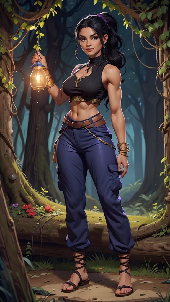 Barbarian Druid outfit, woodland armor, flowers and vines made into an outfit, Solo, female, slightly muscular, slightmuscle, big blue eyes, fantasy outfit, forest, pants, cropped jacket, modest clothingBlack hair, Black curly long hair in a ponytail, light blue eyes, tall and Toned woman, Barbarian woman, full body, aesthetic, beautiful woman,fantasy clothing, (masterpiece, best quality:1.2), solo, 1girl, smile, looking at viewer, ponytail, sandals, bare arms, no sleeves, purple and black outfit, cargo pants, red shirt, blue pants, gold accessories, light skin, bright blue eyes, wearing a battle dress