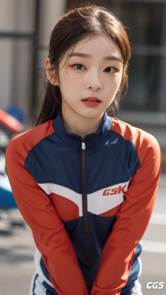 Highly detailed CG Unity 8K wallpapers,top Quority,Super detailed,tmasterpiece,realisticlying,photograph realistic,Very detailed cute girl,25 age old,musculature,Microabs,Round eyes,peeping at the viewer,Be red in the face,parted lip,Half-body shooting,
track suit , gym room,black fishnet stocking , short hair