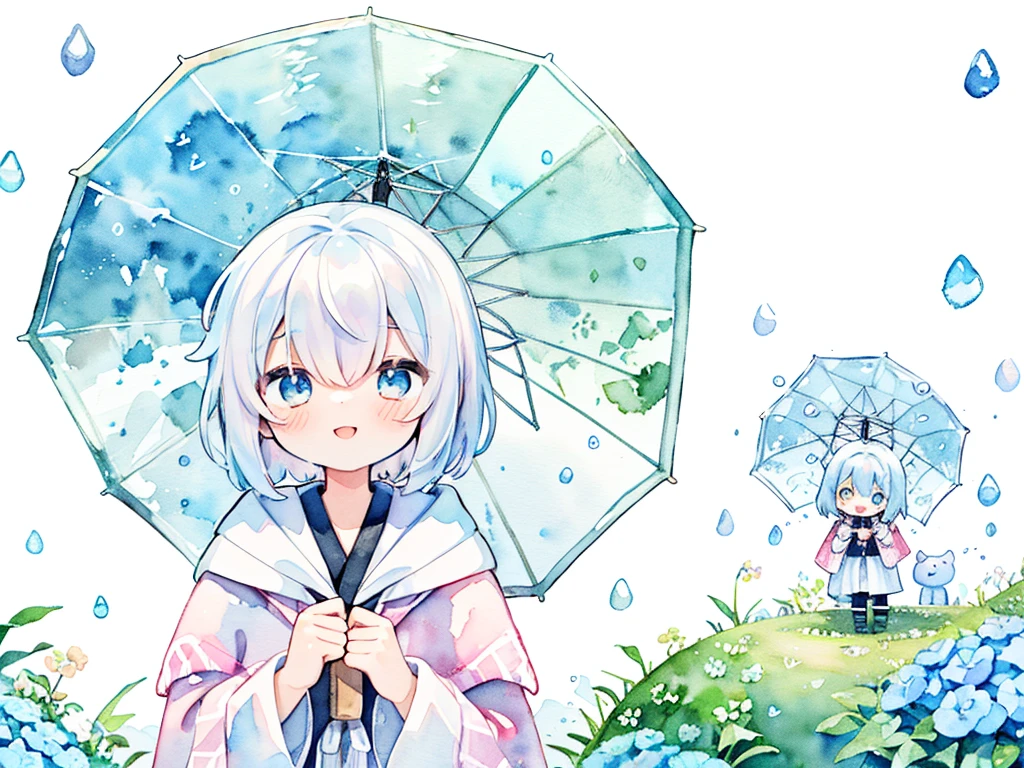 (pastel colour:1.5)、(cute illustration:1.5)、(Watercolor:1.2)、(One Girl:1.0)、Hair between the eyes、White Background、With a girl、whole bodyエスビアン、Use an umbrella、Holding an umbrella, Rain Girl, rain, poncho、Blue and light blue motif、rainをモチーフに, blue eyes, cute, short hair, smile, poncho with rain pattern、Upper Body, Fantasy, Detailed Images、smile、とてもcute、Adorable、Toyowa Toyowa、hydrangea、梅rain、rain、whole body、Wearing cute boots、Clear Material、poncho、Puddle under your feet、grass、Solo Illustration