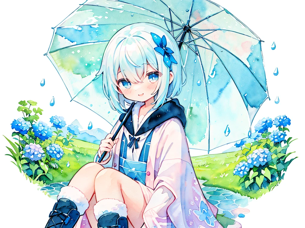 (pastel colour:1.5)、(cute illustration:1.5)、(Watercolor:1.2)、(One Girl:1.0)、Hair between the eyes、White Background、With a girl、whole bodyエスビアン、Use an umbrella、Holding an umbrella, Rain Girl, rain, poncho、Blue and light blue motif、rainをモチーフに, blue eyes, cute, short hair, smile, poncho with rain pattern、Upper Body, Fantasy, Detailed Images、smile、とてもcute、Adorable、Toyowa Toyowa、hydrangea、梅rain、rain、whole body、Wearing cute boots、Clear Material、poncho、Puddle under your feet、grass