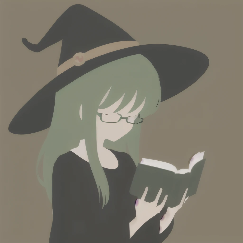 Anime Minimalist, One Girl, alone,Green Hair, Brown background, hair ornaments, librarian,Glasses,Have,Witch Hat,(Turned to the side:1.5),(Reading a book:1.3),(Big Breasts.1.7),(Huge breasts:1.1)