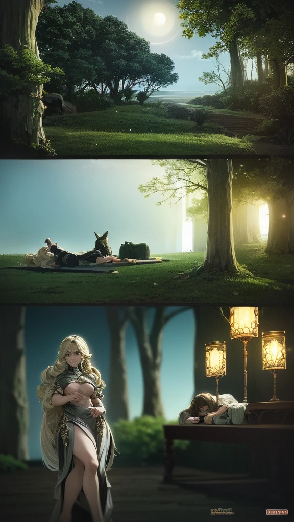 A romantic couple lying under a massive tree in another world, detailed portrait, beautiful girl with long hair, handsome man, enchanting fantasy landscape, glowing moonlight, ethereal atmosphere, vibrant colors, dramatic lighting, highly detailed, 8k, hyperrealistic, cinematic, concept art styl.