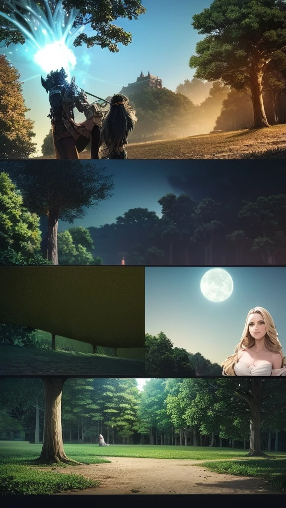 A romantic couple lying under a massive tree in another world, detailed portrait, beautiful girl with long hair, handsome man, enchanting fantasy landscape, glowing moonlight, ethereal atmosphere, vibrant colors, dramatic lighting, highly detailed, 8k, hyperrealistic, cinematic, concept art styl.