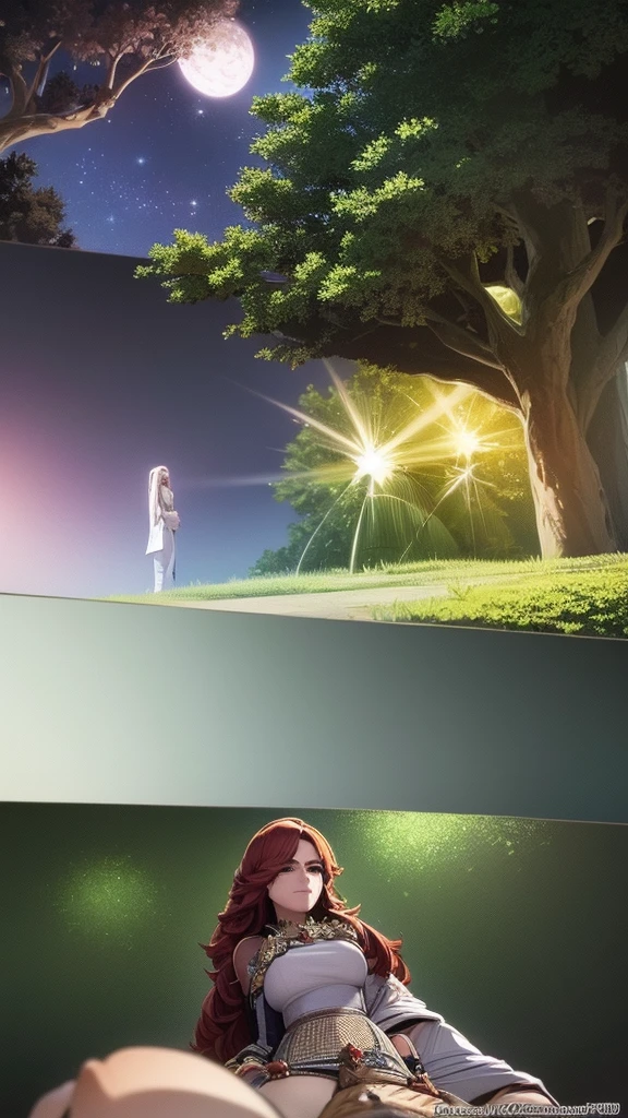 A romantic couple lying under a massive tree in another world, detailed portrait, beautiful girl with long hair, handsome man, enchanting fantasy landscape, glowing moonlight, ethereal atmosphere, vibrant colors, dramatic lighting, highly detailed, 8k, hyperrealistic, cinematic, concept art styl.