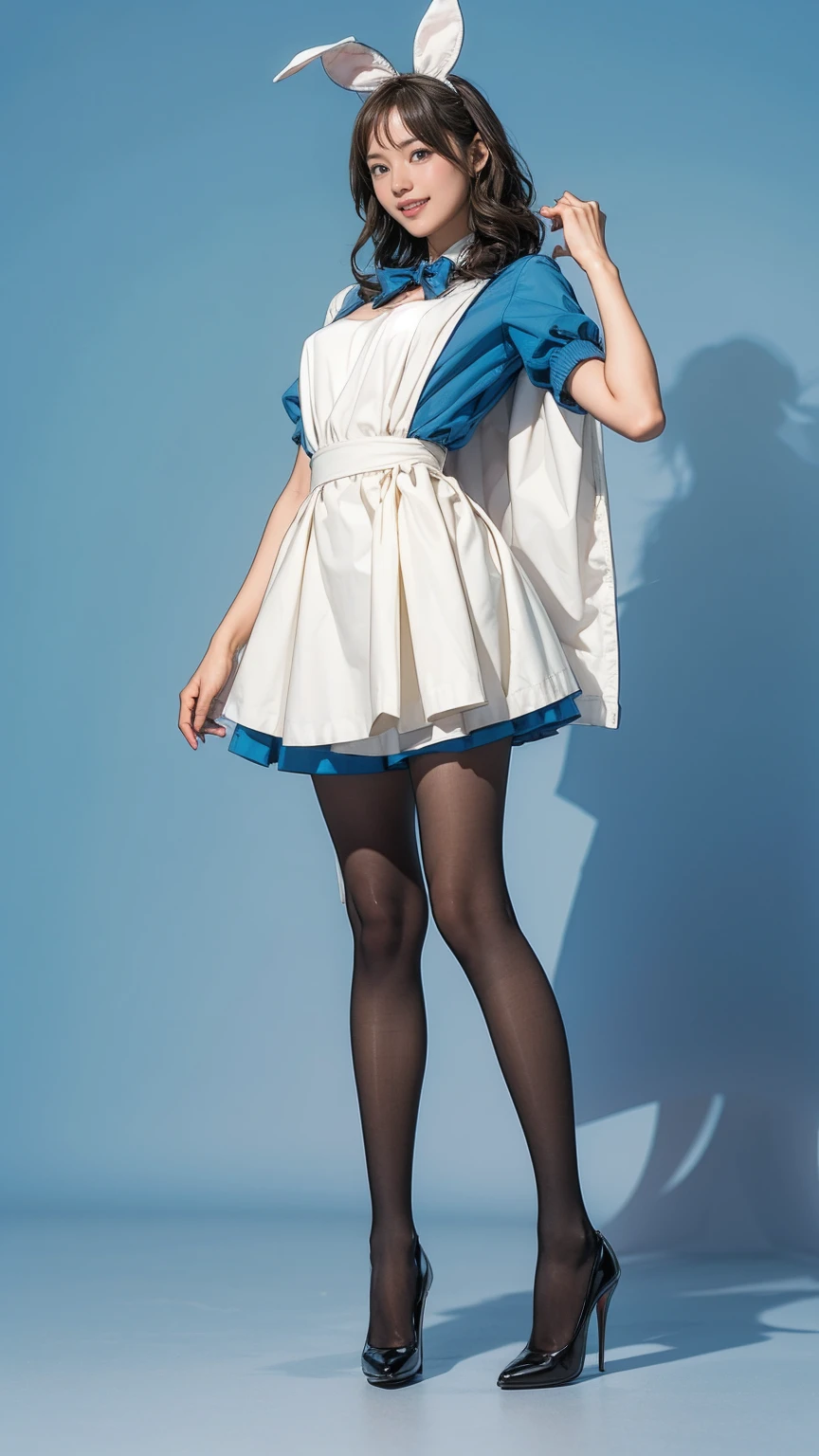 girl in a light blue maid outfit:1.5,Wearing light blue tights:1.5,The best smile:1.5,Full Body Shot:1.5,Gray background:1.5,Wearing black high heels:1.5,short side waves:1.5,