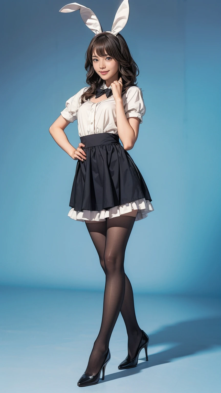 Bunny girl in a light blue maid outfit:1.5，Wearing light blue tights:1.5，The best smile:1.5，Full Body Shot:1.5，Gray background:1.5，Wearing black high heels:1.5，short side waves:1.5，