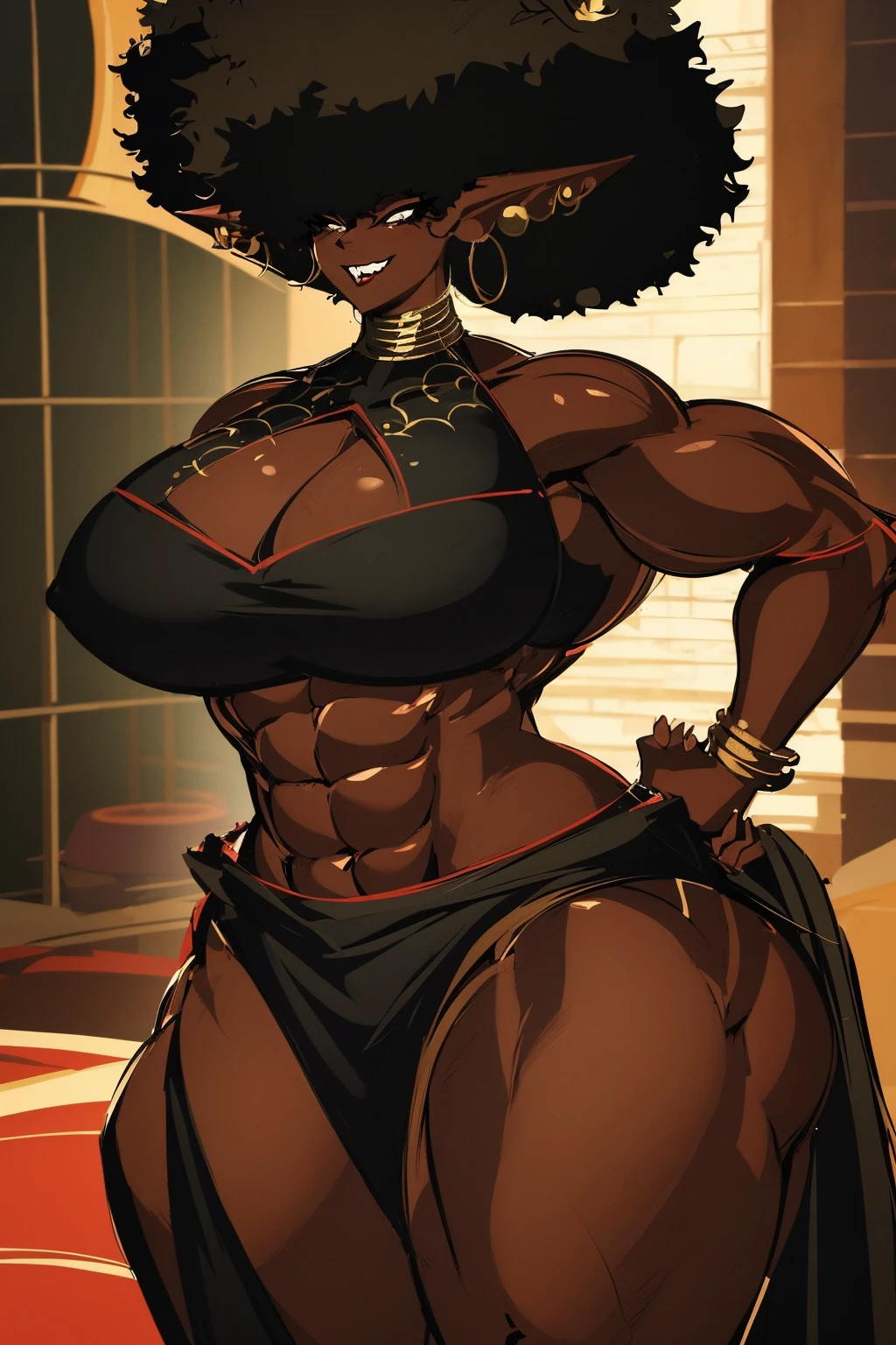 (masterpiece, best quality:1.2),1 girl, voluptuous body, full body, masterpiece, dominant pose, good anatomy, no extra limbs, big ass, thick thighs, black hair, voluminous afro, pointy ears, gold earrings, black top with red details, black skirt with red details, gold necklaces hair covering eyes no eyes