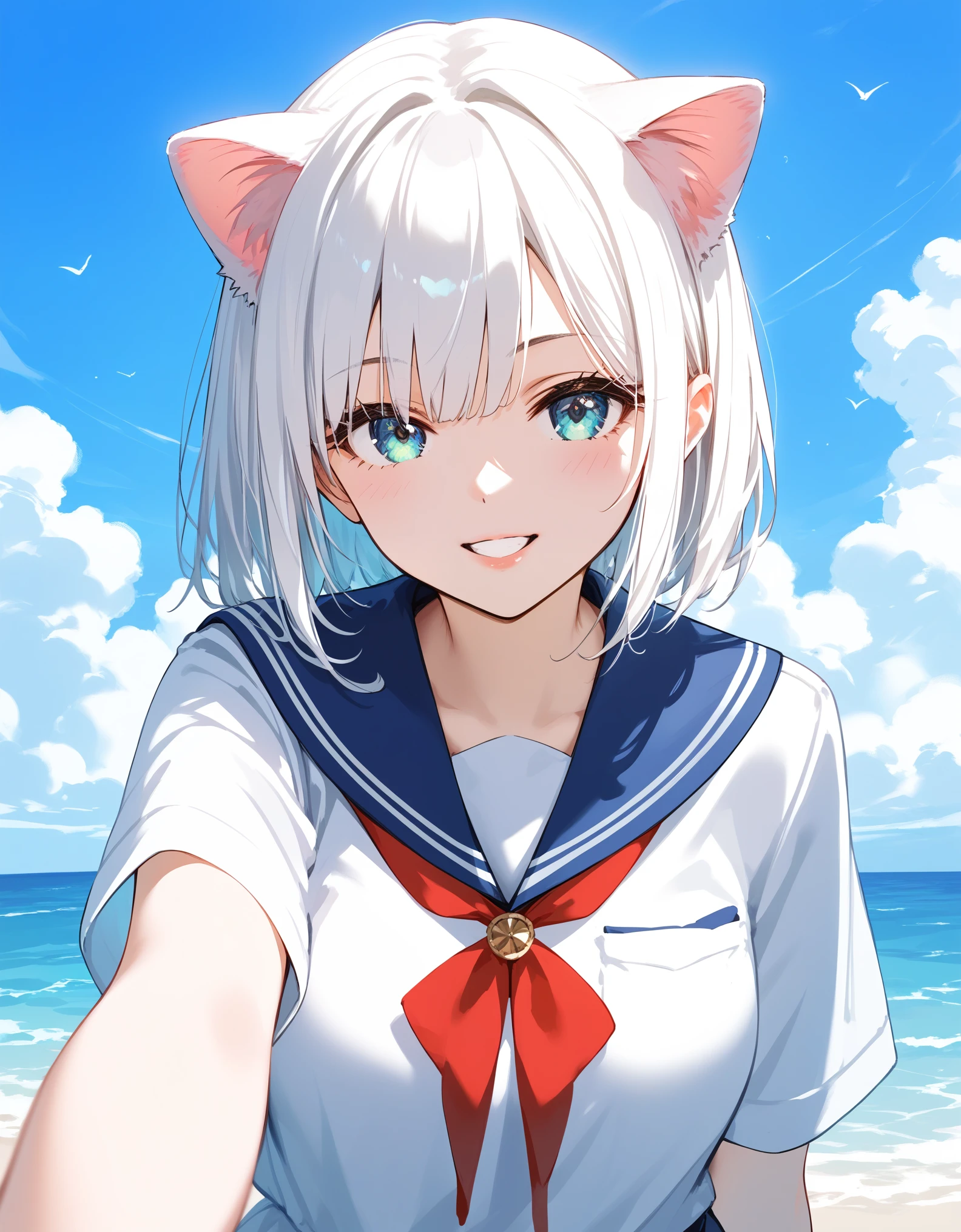 score_9, score_8_up, score_7_up, score_6_up, source_anime, rating_safe, masterpiece, best qualityer, Cat-eared girl with white hair, Straight ahead, Viewer's POV, hands out, adolable, sailor outfit